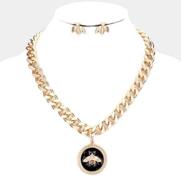 Honey Bee Enamel Round Pendant Necklace Set - Picture 1 of 7